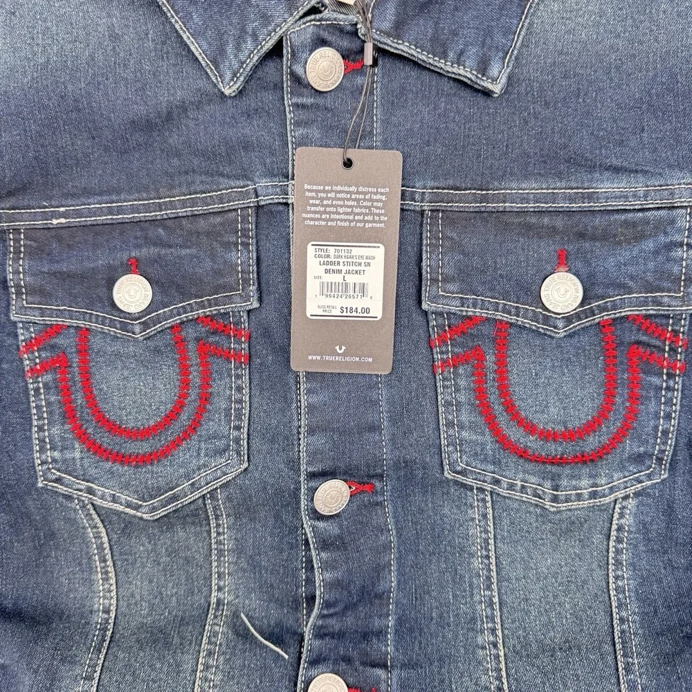 True Religion Ladder Stitch SN Denim Jacket Large, Dark Hawks Eye Wash,MSRP $184